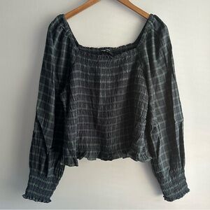 Madewell Lucie Bubble-Sleeve Smocked Top in Plaid Green Blue